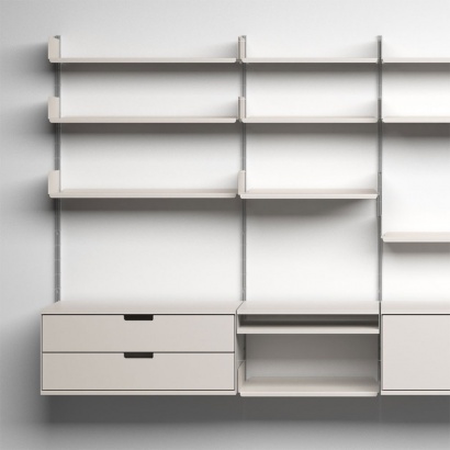 Modular shelving, 606 Universal Shelving System with drawer cabinets.