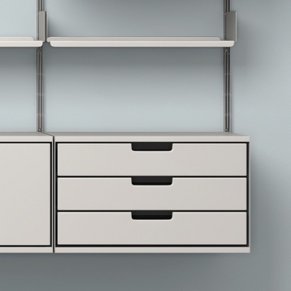 Dieter Rams designs. Modular shelving, 606 Universal Shelving System with drawer cabinets. Made and sold by Vitsœ