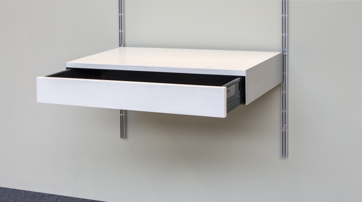Strong metal designer shelves with drawer. Modular shelving. Dieter Rams for Vitsœ