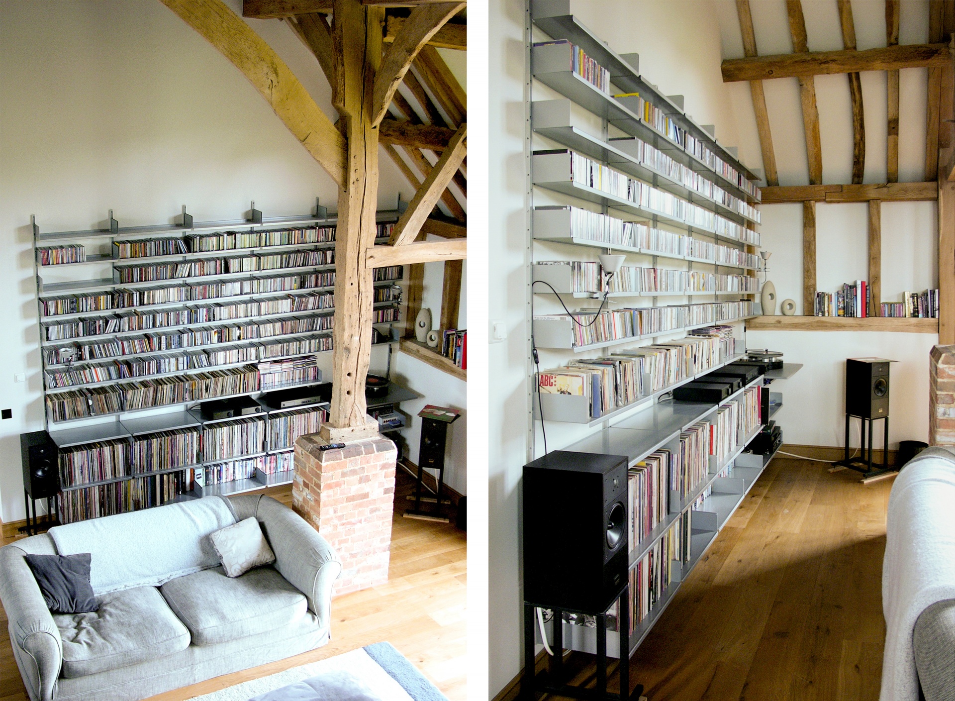 Vinyl records shelves, bookshelf, Hi-Fi rack for large LP collection. Strong, modular Vitsœ 606 shelving system. Designer Dieter Rams