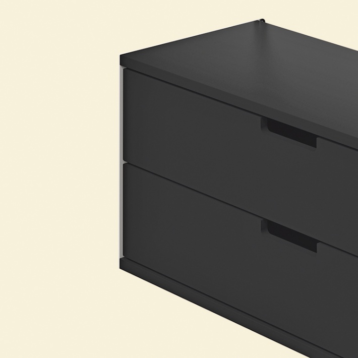 Two drawer cabinet. Vitsœ 606 shelving system, in black. Dieter Rams design