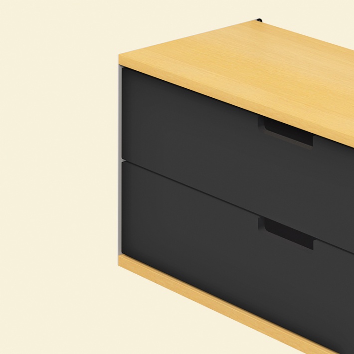 Two drawer cabinet. Vitsœ 606 shelving system, in black. Dieter Rams design