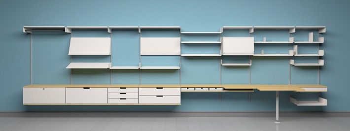 Vitsœ 606 shelving system, in off-white and beech. Dieter Rams design