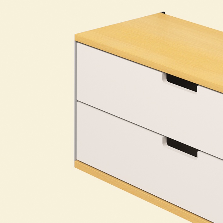 Two drawer cabinet. Vitsœ 606 shelving system, in off-white and silver. Dieter Rams design