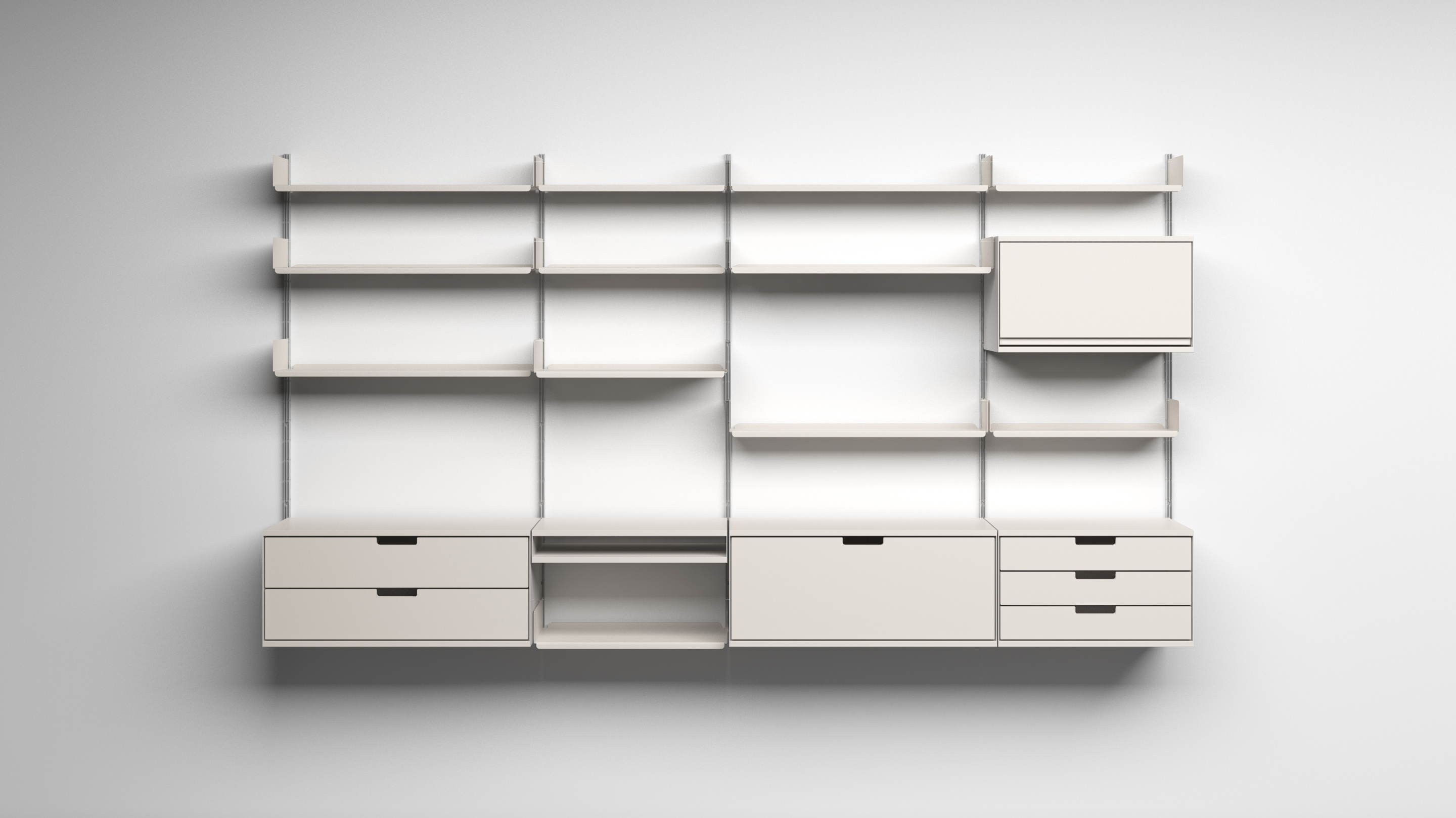 Example of a 606 shelving unit with four bays. Includes shelves and cabinets. Off-white. Vitsœ