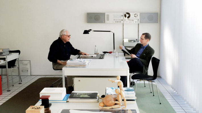 Dieter Rams in his home-office with Mark Adams