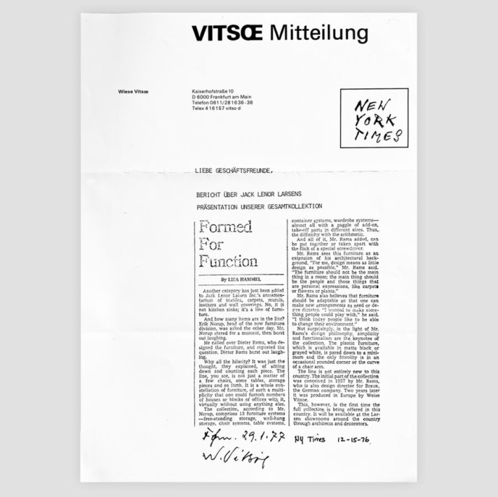 'Design by Vitsœ', Dieter Rams, New York Times