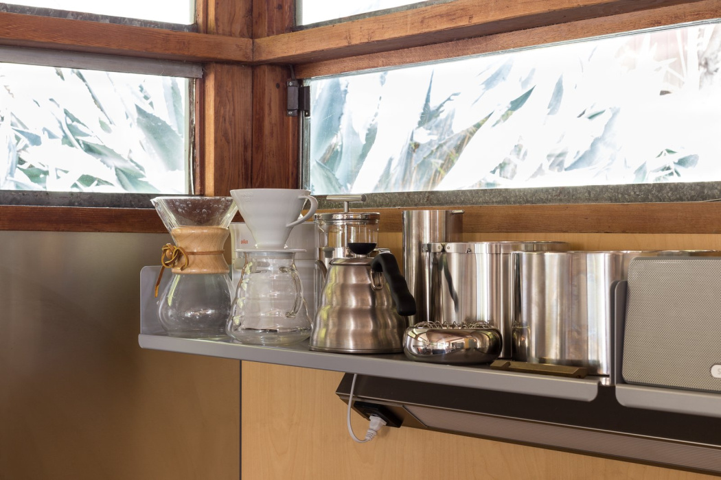 Single shelf for coffee kit in the kitchen. Silver colour.